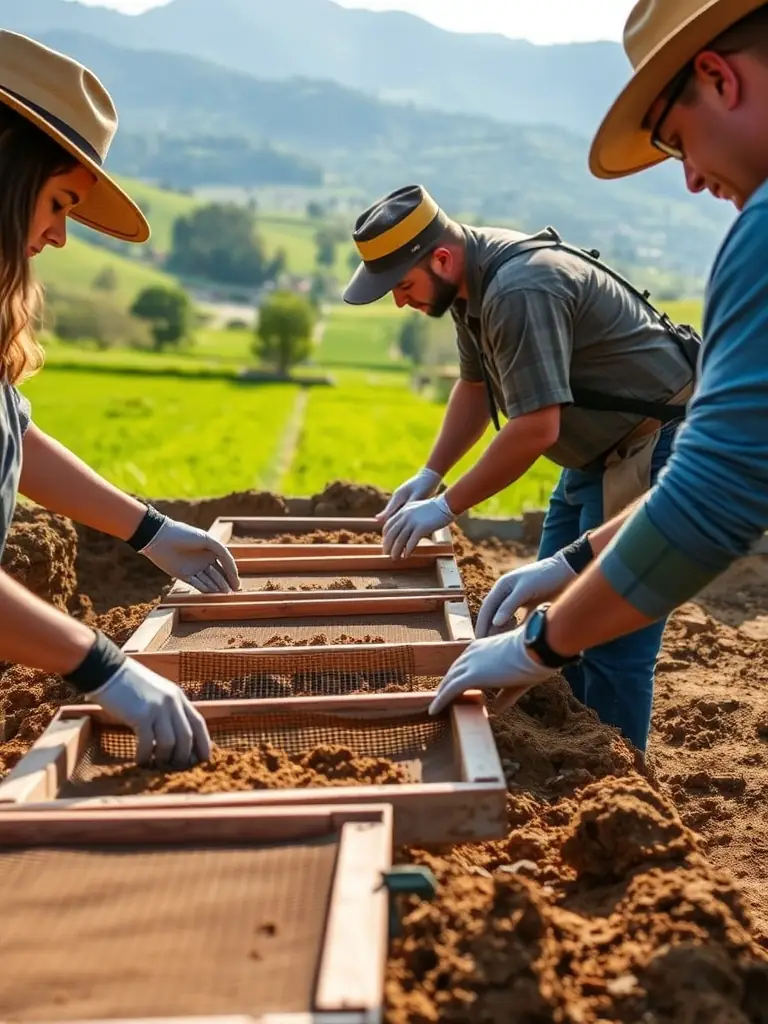 A photograph of volunteers carefully sifting through soil at an archaeological dig site in Cantal, France, with the French countryside visible in the background.