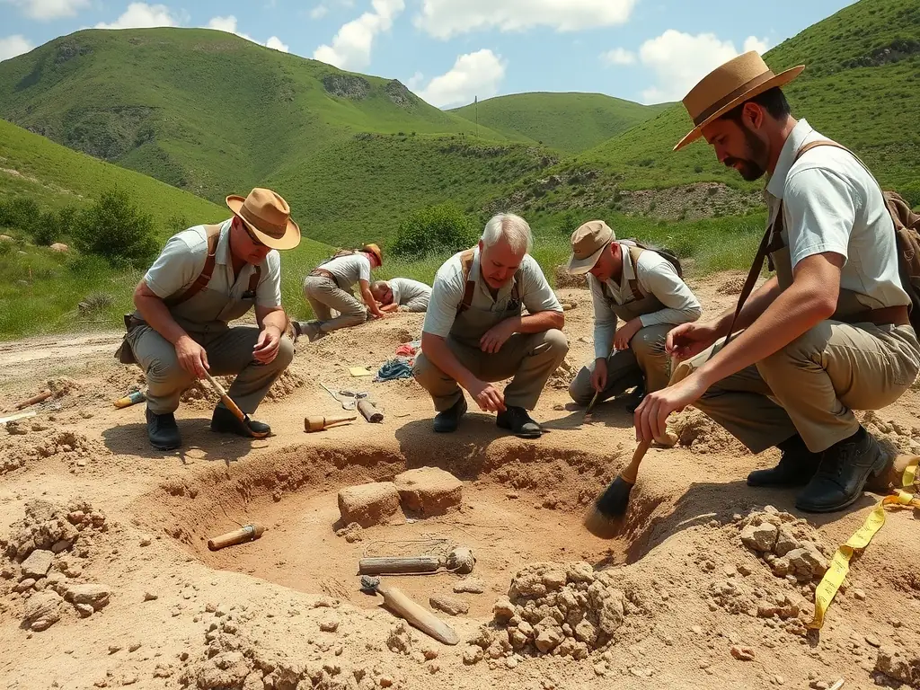 A group of archaeologists carefully excavating a site in Cantal, France, uncovering ancient artifacts. The scene is filled with tools, brushes, and measuring equipment, highlighting the meticulous nature of archaeological work.