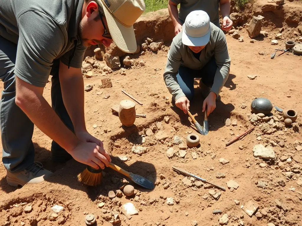 A vibrant image depicting archaeologists carefully excavating a site in Cantal, France, with tools and brushes, under the supervision of a senior archaeologist. The scene captures the meticulous process of uncovering historical artifacts.