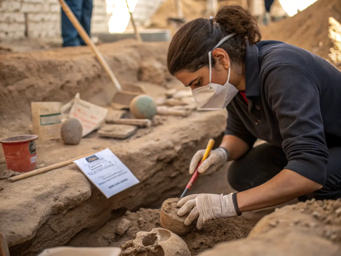 A photograph depicting volunteers carefully excavating an archaeological site in the Cantal region, showcasing the hands-on work involved in preserving historical artifacts.