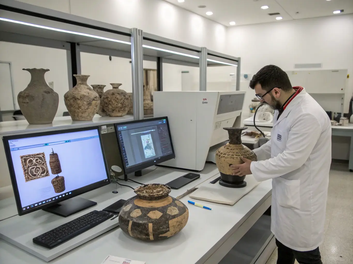 A photograph of a workshop where participants are learning about artifact restoration techniques. The setting is a well-lit lab with various tools and materials, emphasizing hands-on learning.