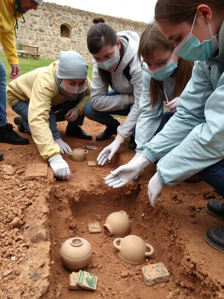 A photograph depicting archaeologists carefully excavating a site in Cantal, France, with various tools and equipment visible. The focus is on the meticulous process of unearthing historical artifacts.