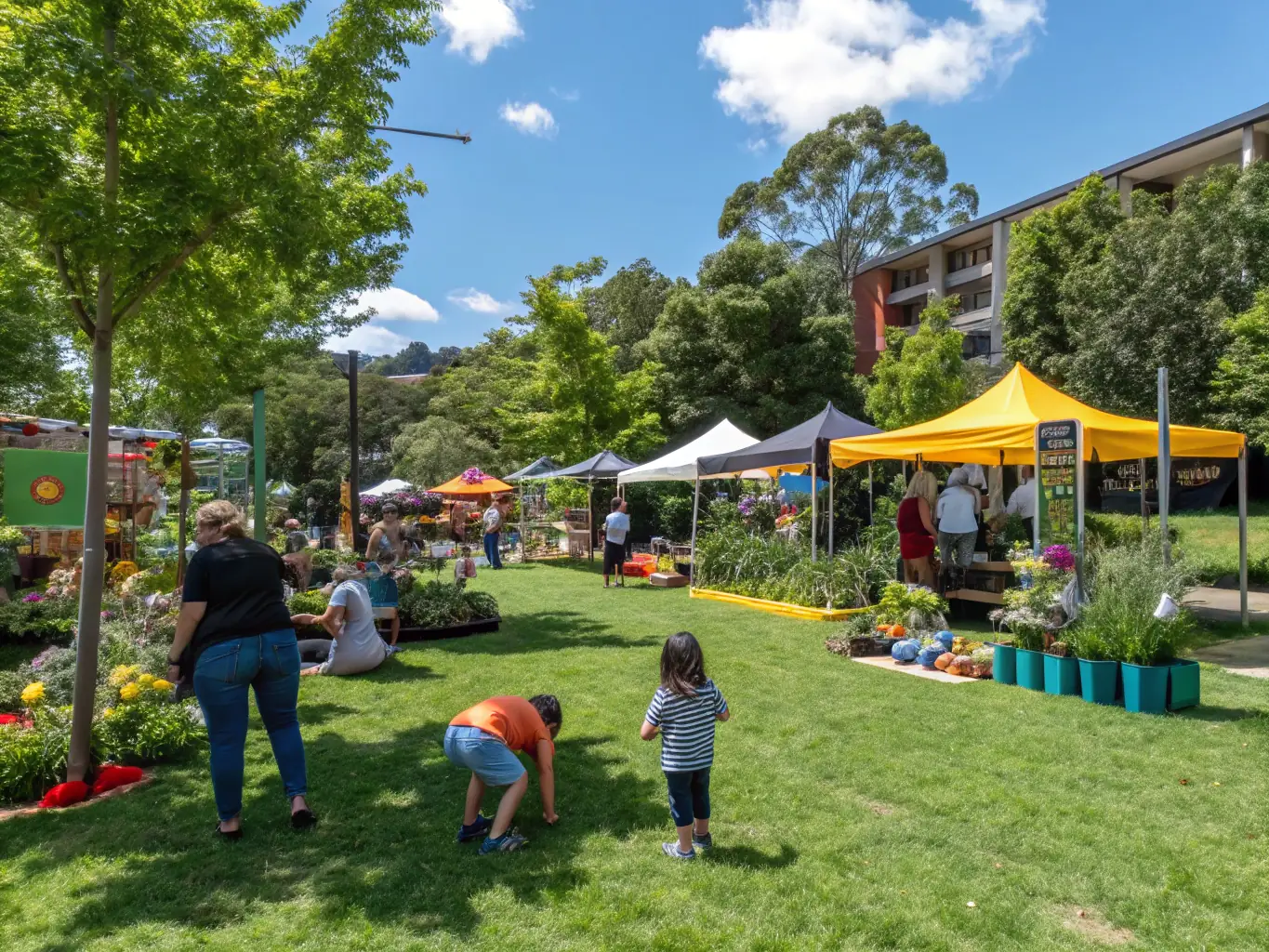 A vibrant image of a public event showcasing archaeological findings, with people of all ages engaging with exhibits and demonstrations. The atmosphere is lively and educational.