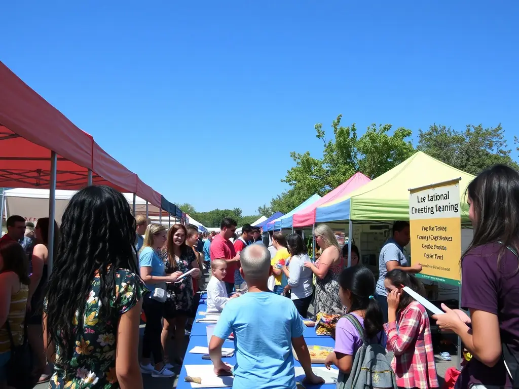 A captivating image of a public event where archaeologists are presenting their findings to an engaged audience, with artifacts and informational displays set up. The scene emphasizes community involvement and education.
