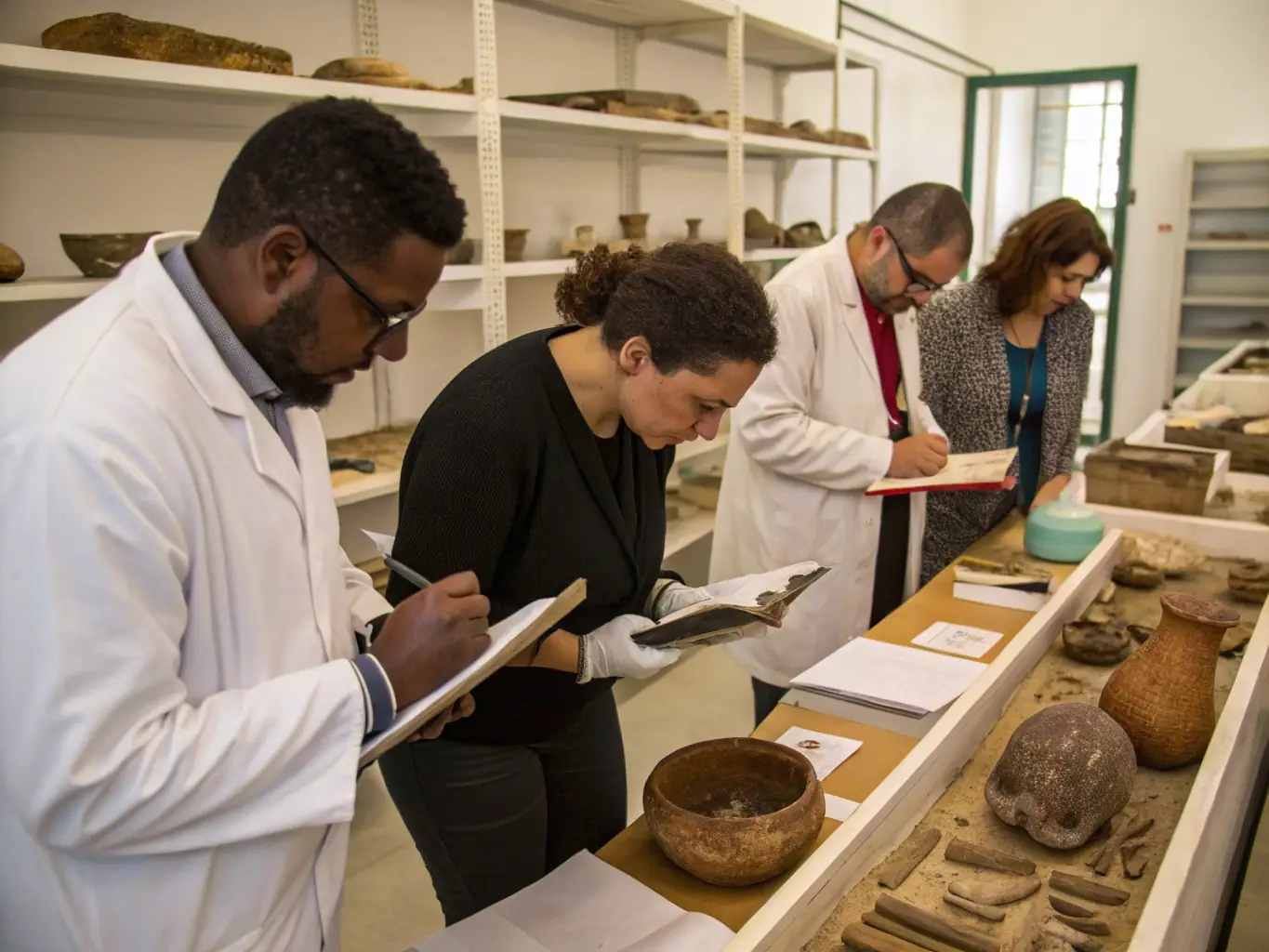 A photograph showcasing a group of students and researchers examining ancient pottery shards and artifacts in a laboratory setting. The image highlights the educational aspect of archaeological research.