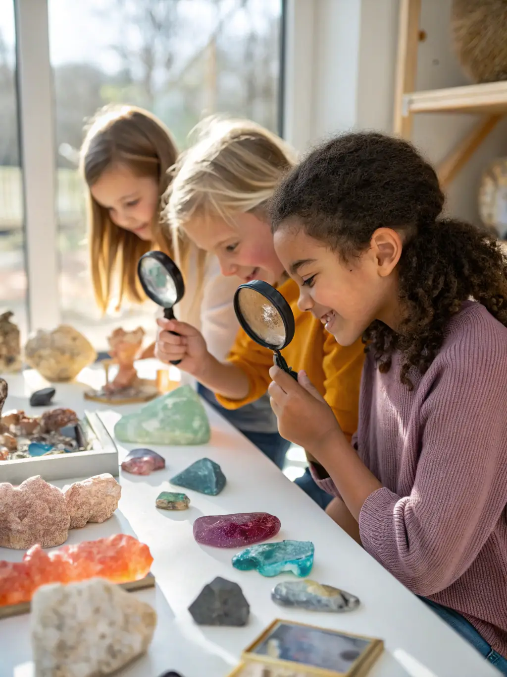 A vibrant image showing a group of children participating in an archaeological workshop, learning about artifact identification and preservation techniques. The scene is interactive and educational.