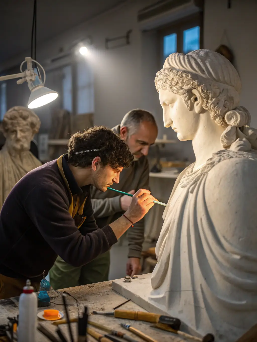 An image showcasing the restoration of an ancient mosaic floor, with conservators carefully piecing together fragments. The focus is on the delicate work of preserving historical art.