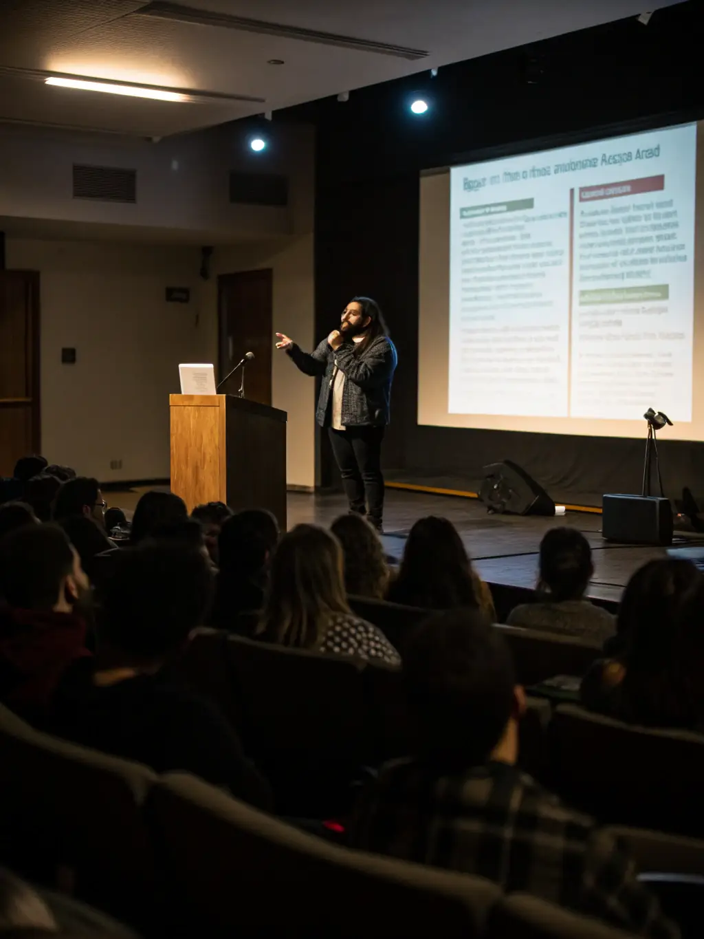 A photograph of a public lecture on archaeology, with an expert speaker presenting findings to an engaged audience.